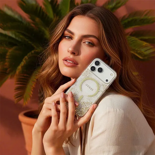 Ốp Điện Thoại Guess MagSafe Glitter Pattern Case For iPhone 17 Pro Max Màu Trắng Trong/Vàng
