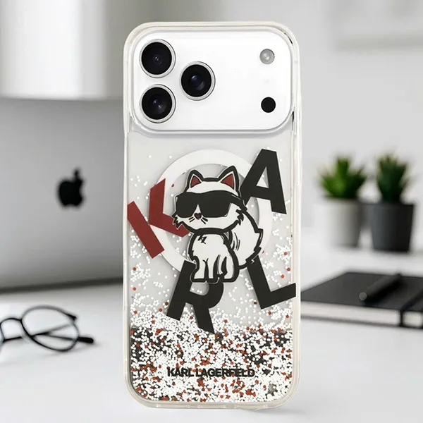 Ốp Điên Thoại Karl Lagerfeld MagSafe Liquid Glitter Logo Choupette For iPhone 17 Pro Max Màu Trong Suốt