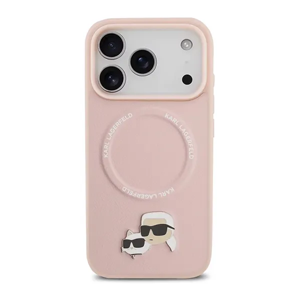 Ốp Điện Thoại Karl Lagerfeld Pu Leather Case With Karl & Choupette Head Pins iPhone 17 Pro Màu Hồng