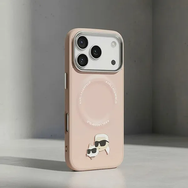Ốp Điện Thoại Karl Lagerfeld Pu Leather Case With Karl & Choupette Head Pins iPhone 17 Pro Màu Hồng