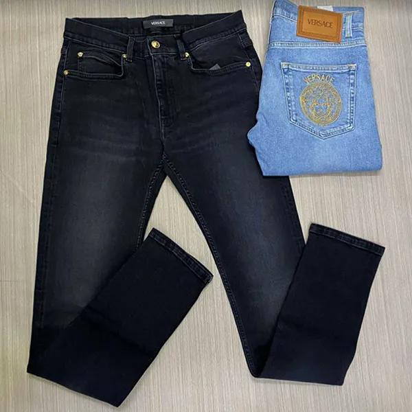 Quần Jean Nam Versace Black Embroidered Straight Màu Đen Size 34