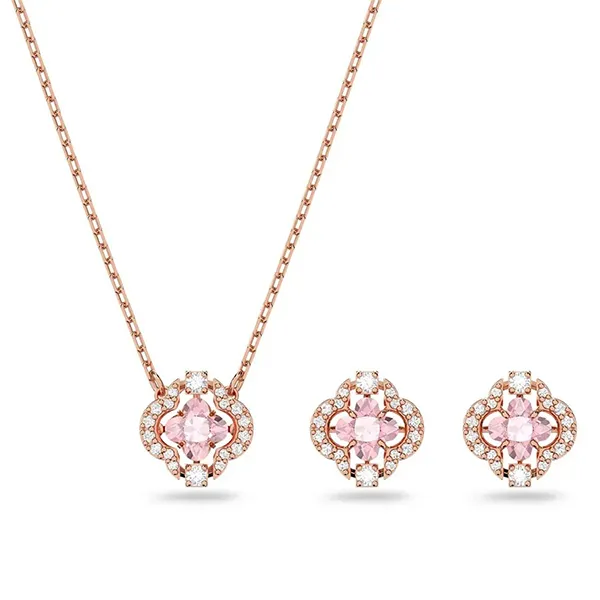 Set Dây Chuyền + Khuyên Tai Nữ Swarovski Sparkling Clover Dance Set Pink Rose Gold Tone Plated Màu Vàng Hồng