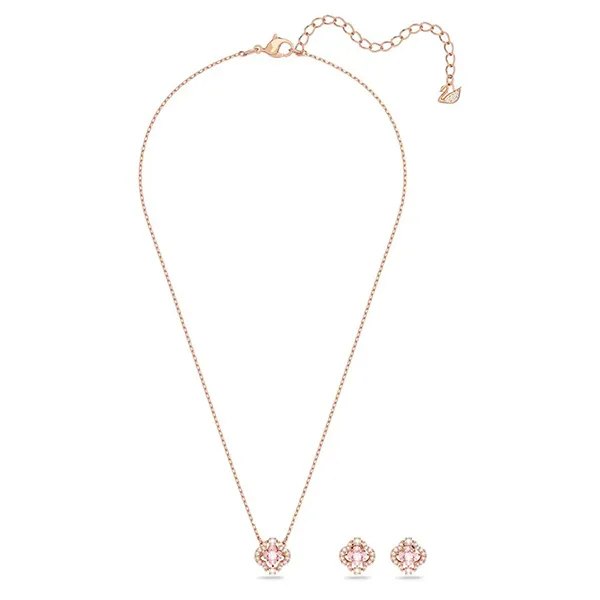 Set Dây Chuyền + Khuyên Tai Nữ Swarovski Sparkling Clover Dance Set Pink Rose Gold Tone Plated Màu Vàng Hồng