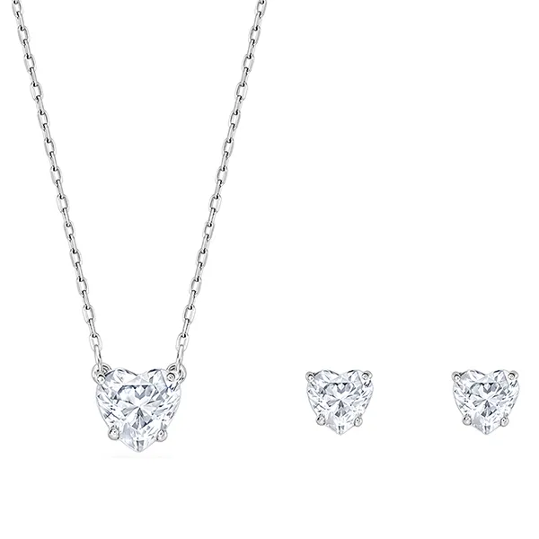 Set Dây Chuyền + Khuyên Tai Swarovski Stilla Attract Set Heart, White, Rhodium Plated 5646751 Màu Bạc