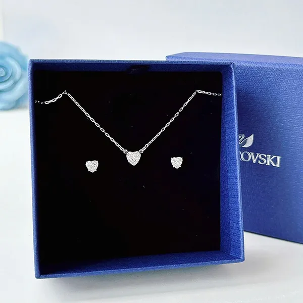 Set Dây Chuyền + Khuyên Tai Swarovski Stilla Attract Set Heart, White, Rhodium Plated 5646751 Màu Bạc
