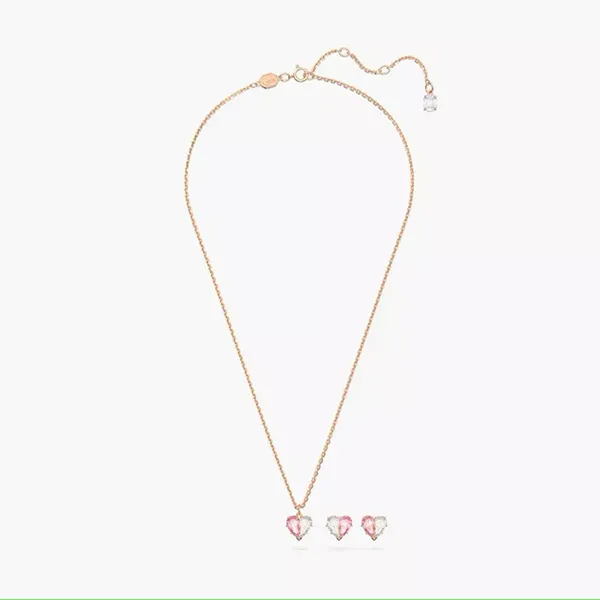 Set Dây Chuyền Và Khuyên Tai Nữ Swarovski Gema 520 Pendant Heart, Pink, Rose Gold Tone Plated 5653009 Màu Vàng Hồng