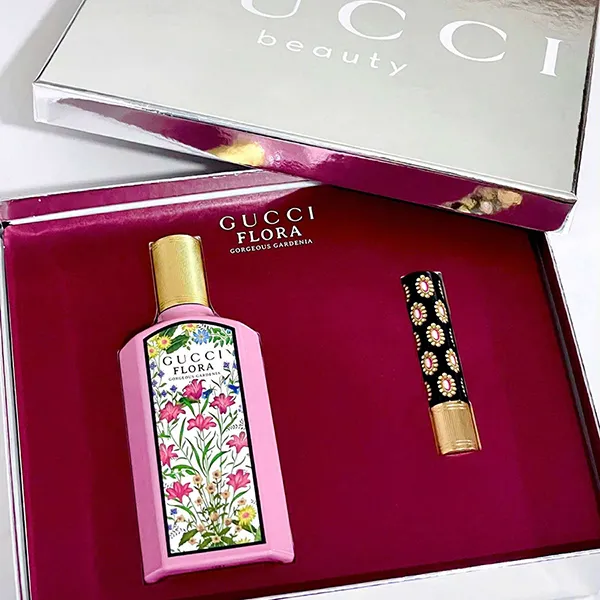 Set Nước Hoa Nữ Gucci Flora Gorgeous Gardenia EDP 100ml + Son Gucci Brillant 515 Devotion 1.8g Màu Đỏ Gạch