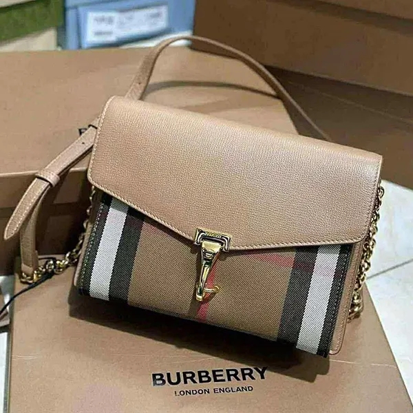 Túi Đeo Chéo Nữ Burberry Macken Crossbody Bag Leather And House Check Canvas Màu Nâu