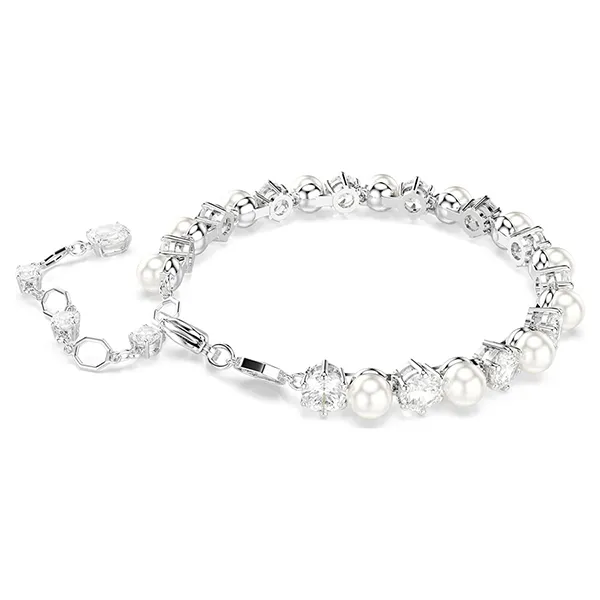 Vòng Đeo Tay Nữ Swarovski Matrix Tennis Bracelet Crystal Pearl, Round Cut, White, Rhodium Plated 5689625 Màu Bạc
