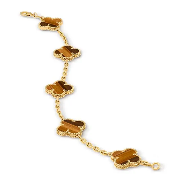 Vòng Đeo Tay Nữ Van Cleef & Arpels Vintage Alhambra Bracelet, 5 Motifs 18k Yellow Gold Tiger Eye VCARD35600 Màu Vàng