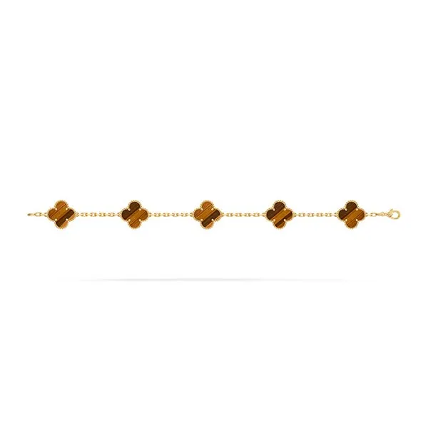 Vòng Đeo Tay Nữ Van Cleef & Arpels Vintage Alhambra Bracelet, 5 Motifs 18k Yellow Gold Tiger Eye VCARD35600 Màu Vàng