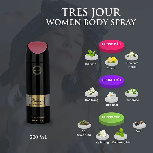Xịt Thơm Toàn Thân Cho Nữ Armaf Tres Jour For Women Body Spray 200ml