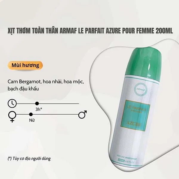 Xịt Thơm Toàn Thân Nữ Armaf Le Parfait Azure Pour Femme Perfume Body Spray 200ml