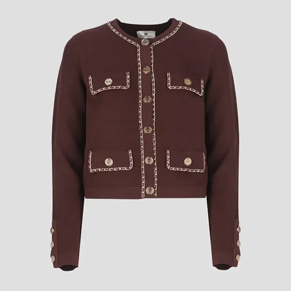 Áo Khoác Nữ Elisabetta Franchi Cropped With Gold-Tone Metal Buttons MK63B46E2 CG3 Màu Đỏ Bordeaux Size 38