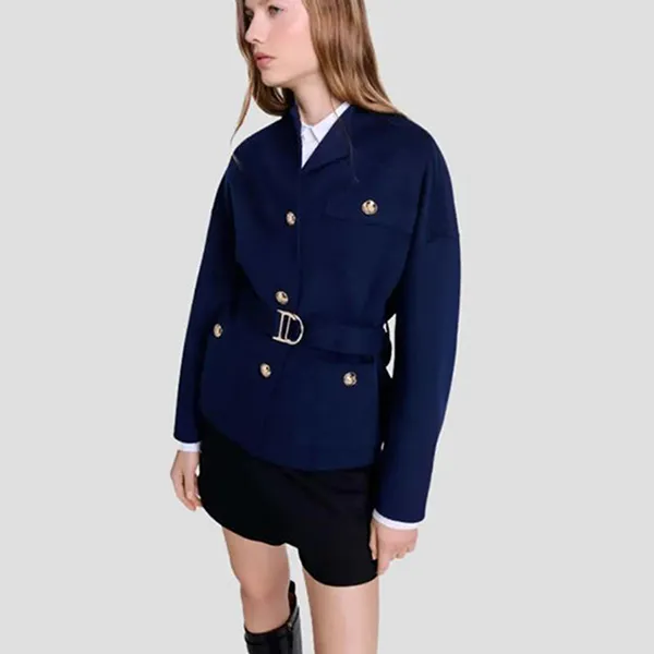 Áo Khoác Nữ Maje Gifaly Wool Belted Button Up Jacket MFPOU01215 124GIFALY Marine Màu Xanh Navy Size 40