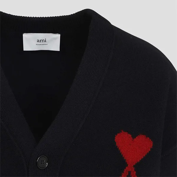 Áo Len Cardigan Nam Ami Paris Ami De Coeur V-Neck Black Heart Detail Wool UKC367018 009 Màu Đen Size XS
