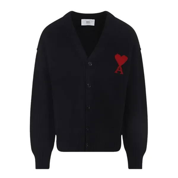 Áo Len Cardigan Nam Ami Paris Ami De Coeur V-Neck Black Heart Detail Wool UKC367018 009 Màu Đen Size XS