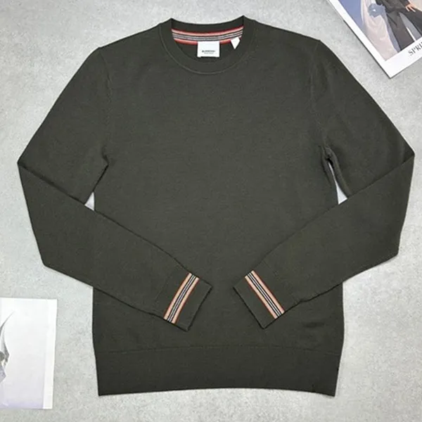 Áo Len Nam Burberry Icon Stripe Trim Wool Sweater Harvey Nichols 8044333reu Màu Xanh Green Size XS