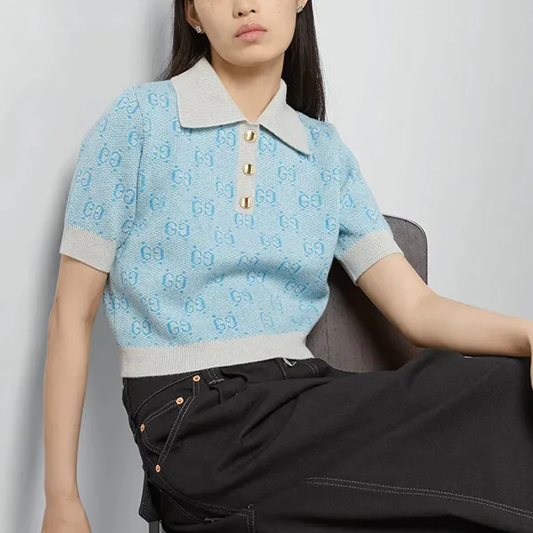 Áo Len Nữ Gucci GG Wool Jacquard Knit Top Polo In Light Blue 773631 XKDK5 4576 Màu Xanh Size XS