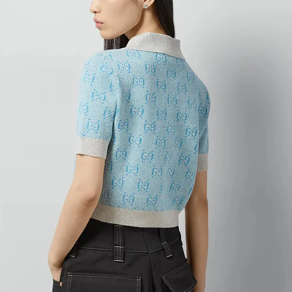 Áo Len Nữ Gucci GG Wool Jacquard Knit Top Polo In Light Blue 773631 XKDK5 4576 Màu Xanh Size XS