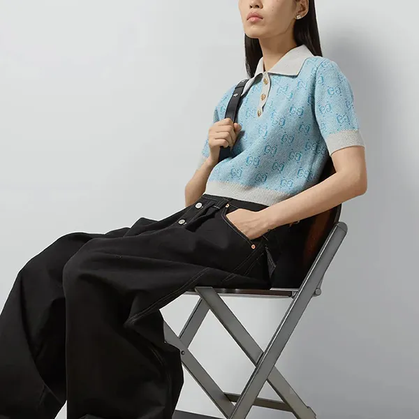 Áo Len Nữ Gucci GG Wool Jacquard Knit Top Polo In Light Blue 773631 XKDK5 4576 Màu Xanh Size XS