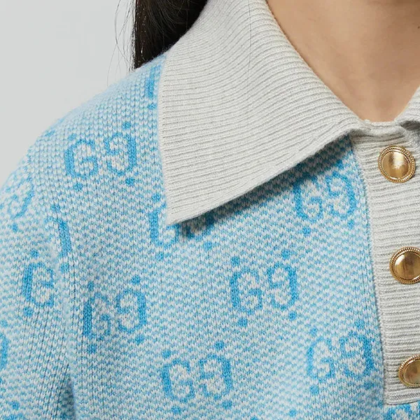 Áo Len Nữ Gucci GG Wool Jacquard Knit Top Polo In Light Blue 773631 XKDK5 4576 Màu Xanh Size XS