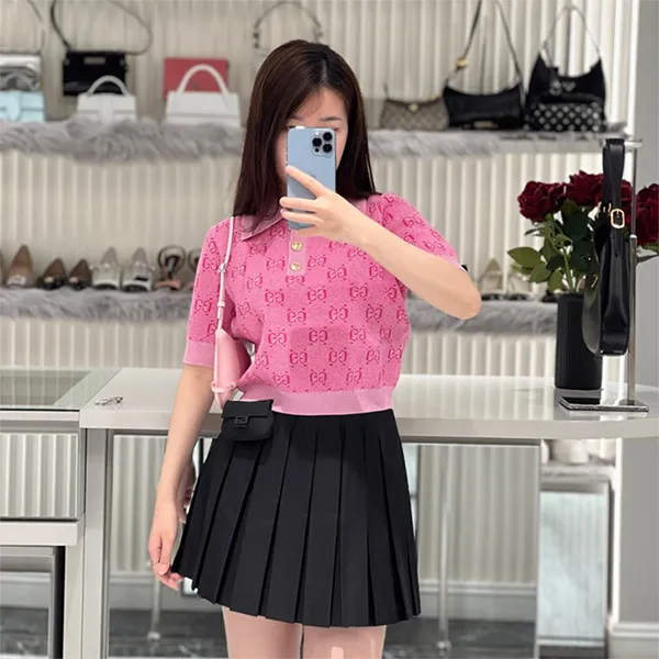Áo Len Nữ Gucci GG Wool Jacquard Knit Top Polo In Pink 773631 XKDK5 5152 Màu Hồng Size L