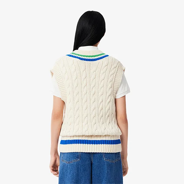 Áo Len Nữ Lacoste V Neck Cable Knit Sweater Vest AF6945-51 GIK Màu Be Xanh Size 34