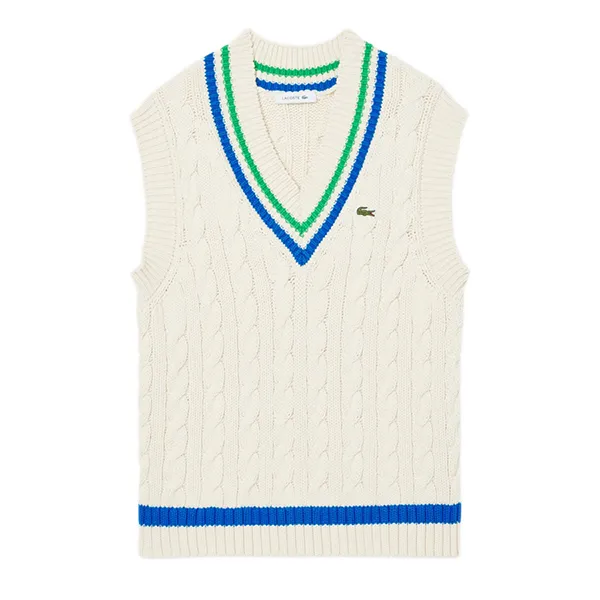 Áo Len Nữ Lacoste V Neck Cable Knit Sweater Vest AF6945-51 GIK Màu Be Xanh Size 34