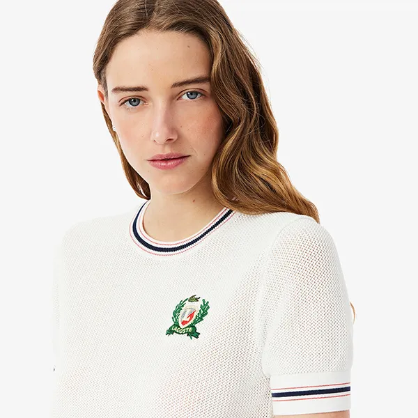 Áo Len Nữ Lacoste Women's Made In France Embroidered Shield Sweater AF9561 70V Màu Trắng Size 34