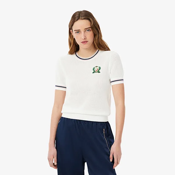 Áo Len Nữ Lacoste Women's Made In France Embroidered Shield Sweater AF9561 70V Màu Trắng Size 34