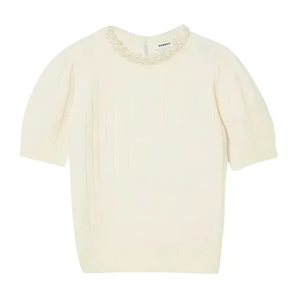 Áo Len Nữ Sandro Madie Pearl-embellished Wool Short-sleeved In Cream SFPPU02147 217331 Màu Kem Size 0