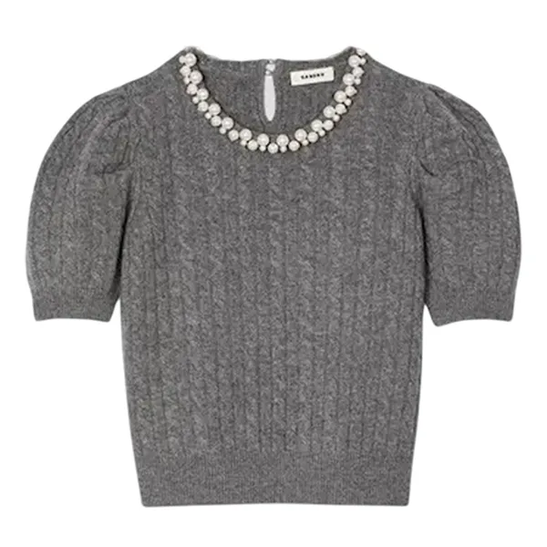 Áo Len Nữ Sandro Madie Pearl-embellished Wool Short-Sleeved SFPPU02147 196608 Màu Xám Size 1