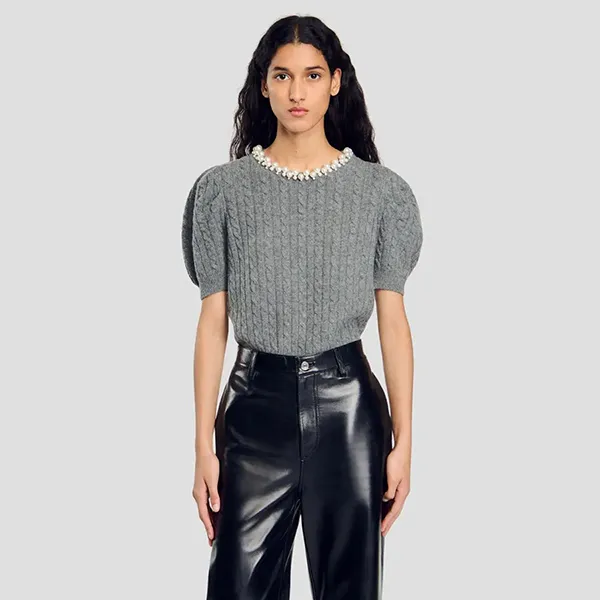Áo Len Nữ Sandro Madie Pearl-embellished Wool Short-Sleeved SFPPU02147 196608 Màu Xám Size 1