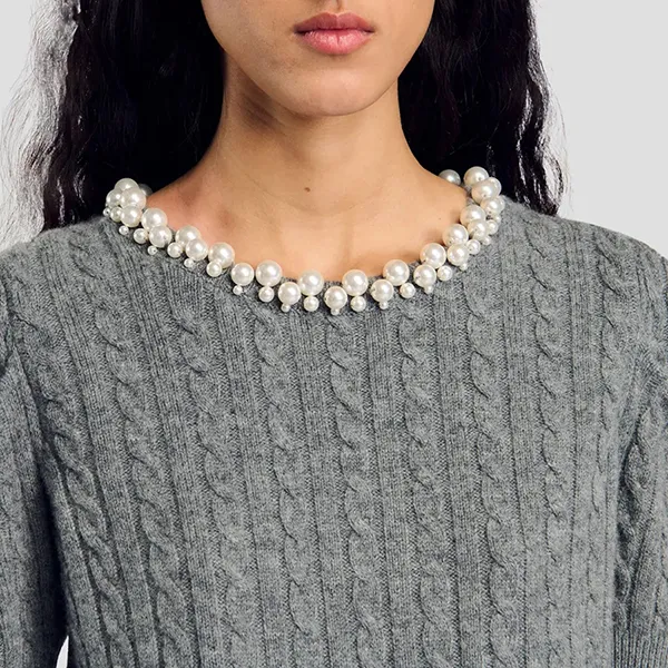 Áo Len Nữ Sandro Madie Pearl-embellished Wool Short-Sleeved SFPPU02147 196608 Màu Xám Size 1