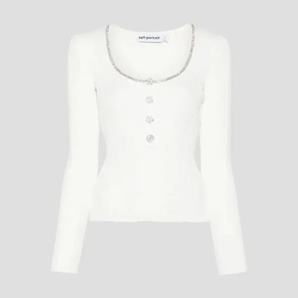 Áo Len Nữ Self Portrait White Embellished Knit Top With Crystals Embell AW24 180TA W Màu Trắng Size M