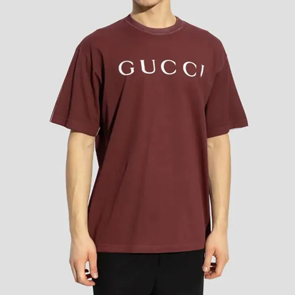 Áo Phông Nam Gucci Cotton Jersey Burgundy With Printed Logo 796395 XJG26 6207 Màu Đỏ Đô Size XS