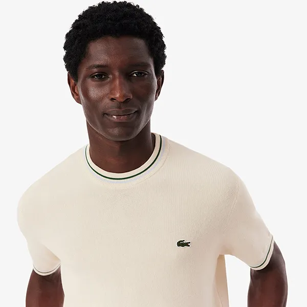 Áo Phông Nam Lacoste Men's Classic Fit Striped Knit T-Shirt AH9301 BPI Màu Trắng Kem Size 2