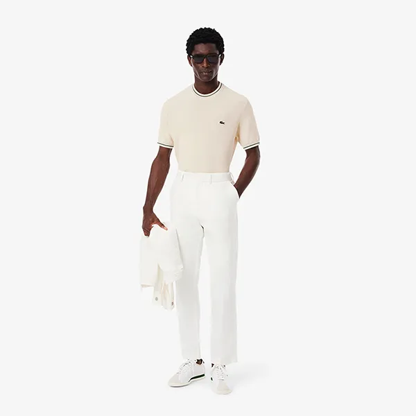 Áo Phông Nam Lacoste Men's Classic Fit Striped Knit T-Shirt AH9301 BPI Màu Trắng Kem Size 2