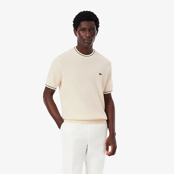 Áo Phông Nam Lacoste Men's Classic Fit Striped Knit T-Shirt AH9301 BPI Màu Trắng Kem Size 2