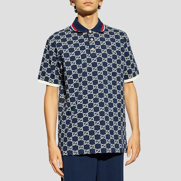 Áo Polo Nam Gucci GG Cotton Jersey Jacquard 768636 XJF49 4492 Màu Navy Size S