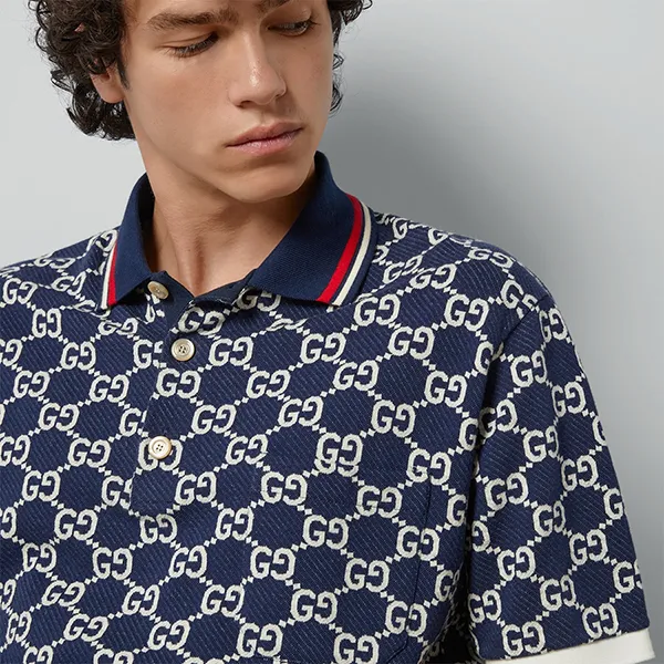 Áo Polo Nam Gucci GG Cotton Jersey Jacquard 768636 XJF49 4492 Màu Navy Size S