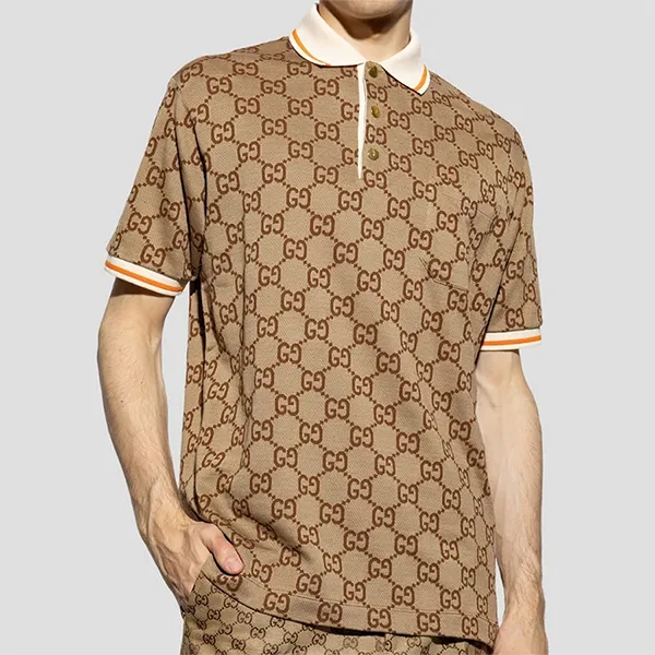 Áo Polo Nam Gucci Silk Polo Shirt With Gold-Toned Metal Buttons Beige And Ebony 742384 XJFGU 2270 Màu Be Size S