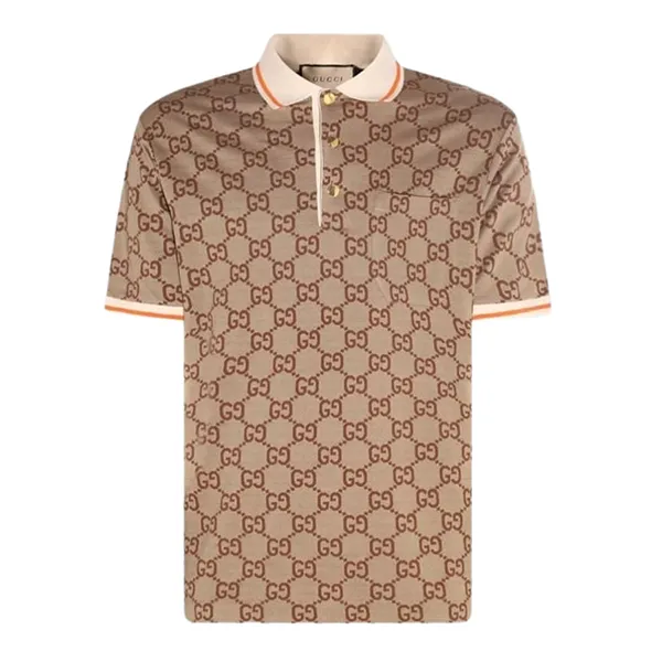 Áo Polo Nam Gucci Silk Polo Shirt With Gold-Toned Metal Buttons Beige And Ebony 742384 XJFGU 2270 Màu Be Size S