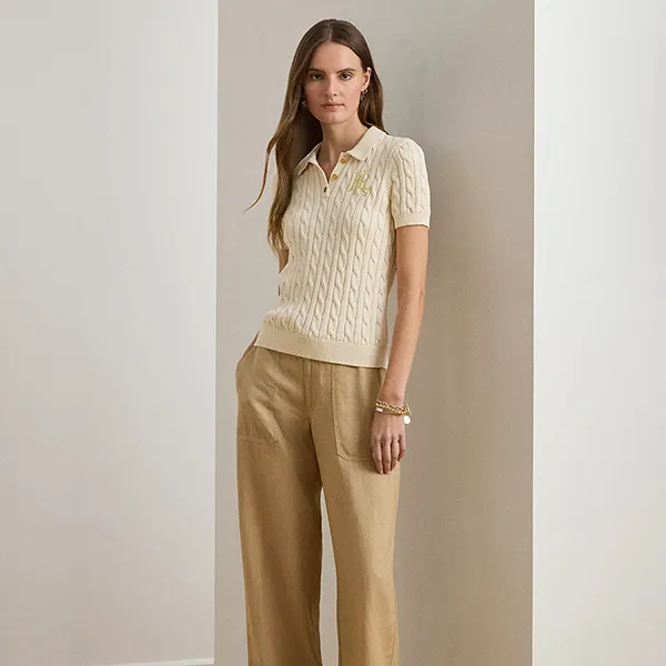 Áo Polo Nữ Ralph Lauren Cable Knit Cotton Sweater Mascarpone Cream Màu Kem Size S