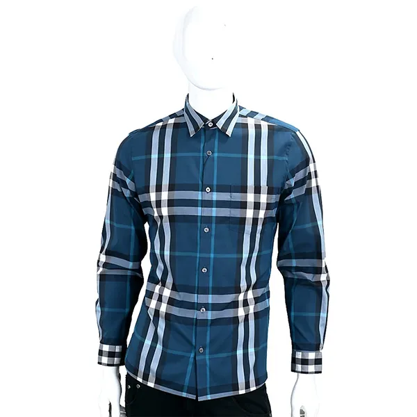 Áo Sơ Mi Nam Burberry Check Stretch Cotton Long Sleeved Shirt Màu Xanh Kẻ Size XS