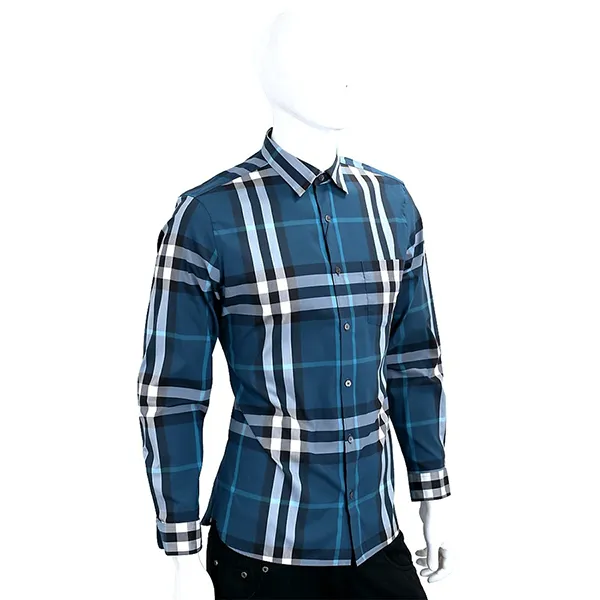 Áo Sơ Mi Nam Burberry Check Stretch Cotton Long Sleeved Shirt Màu Xanh Kẻ Size XS