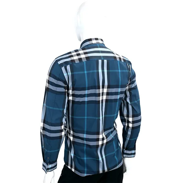 Áo Sơ Mi Nam Burberry Check Stretch Cotton Long Sleeved Shirt Màu Xanh Kẻ Size XS