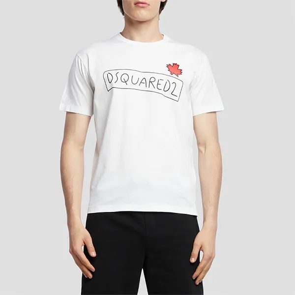 Áo Thun Nam Dsquared2 Supercrew Logo Printed In White S71GD1130 S23009 100 Màu Trắng Size XS