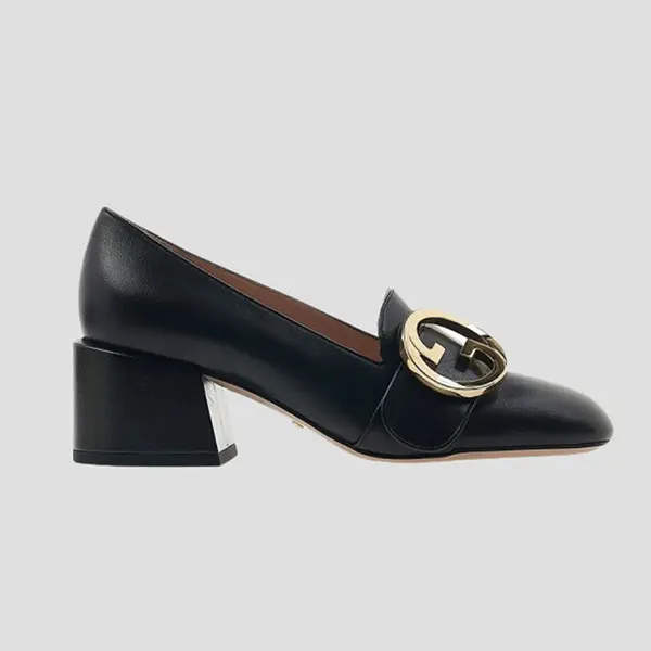 Giày Cao Gót Nữ Gucci Blondie Double G Logo Black Leather Block Heel Pumps 700053 C9000 1000 Màu Đen Size 35